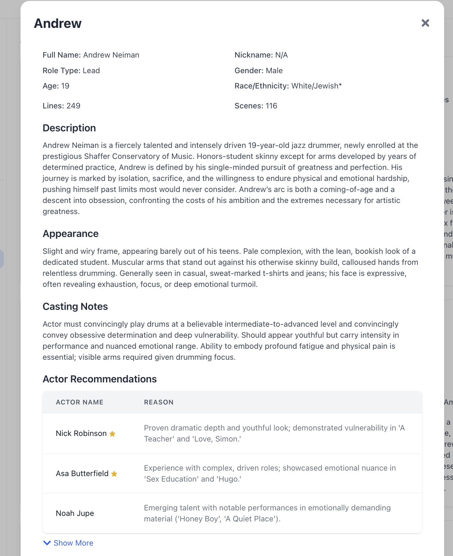 Character tab showing role breakdown and actor suggestions