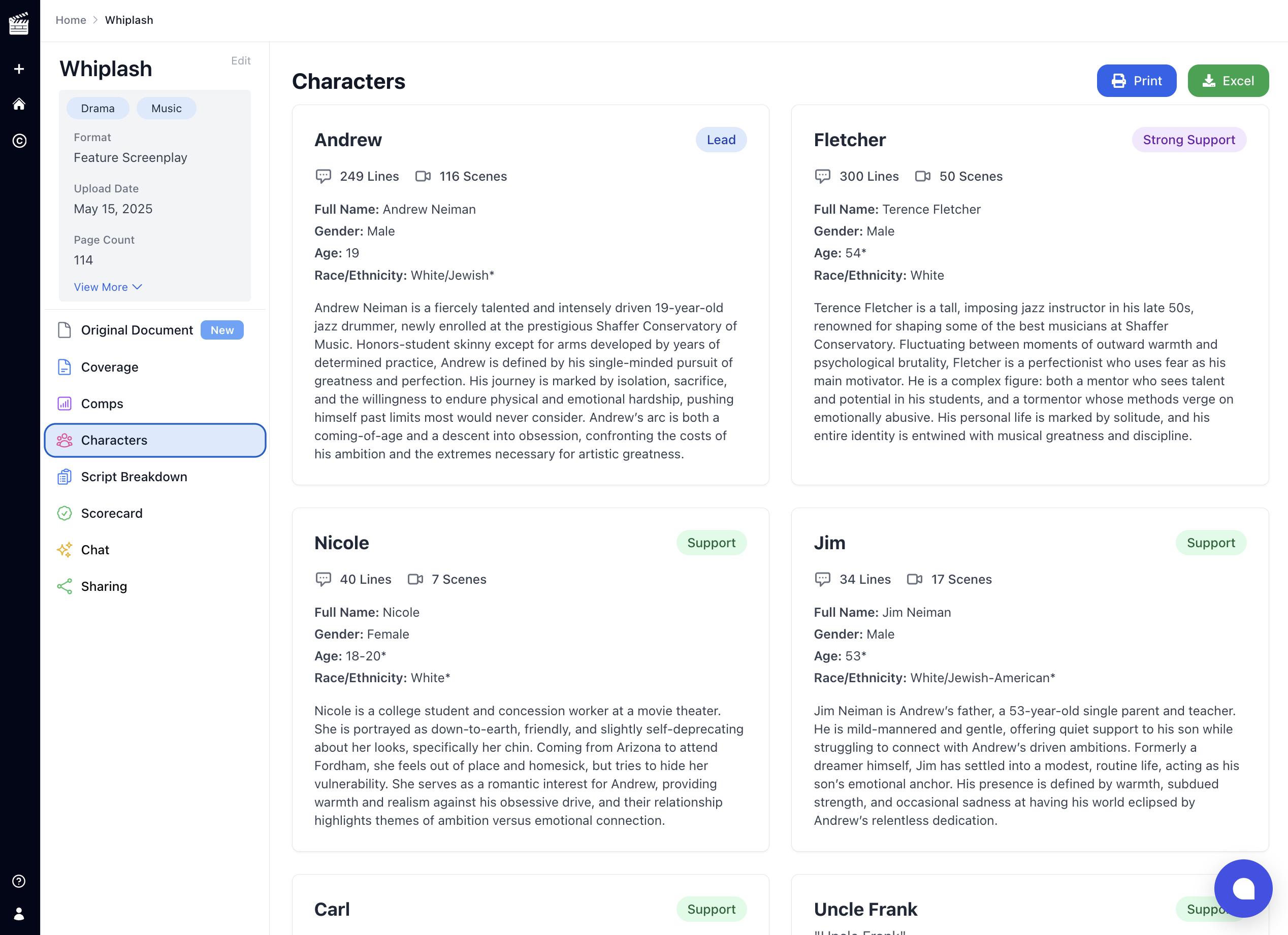 Character tab showing role breakdown and actor suggestions