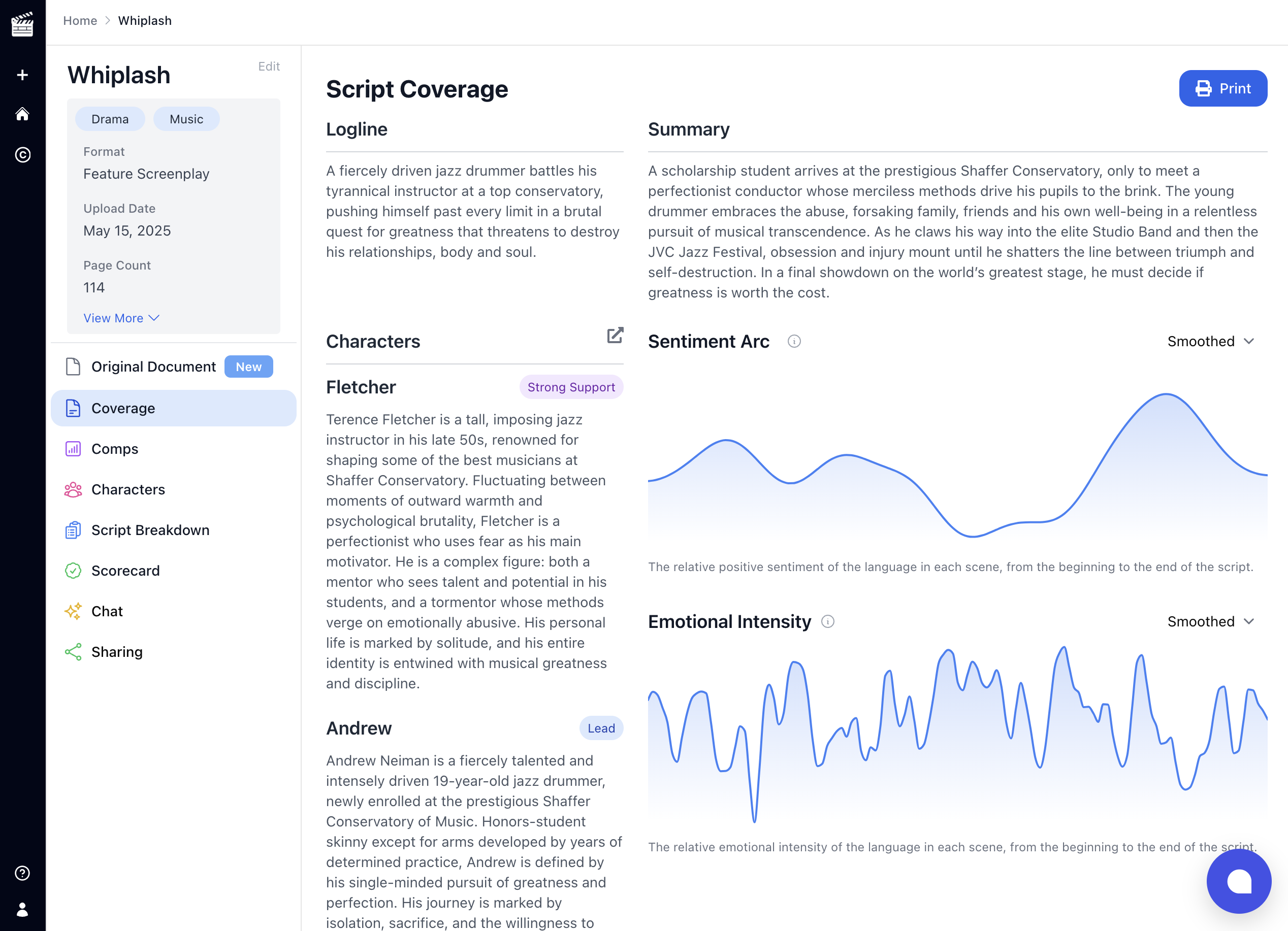 Coverage tab showing plot breakdown, themes, and evalation