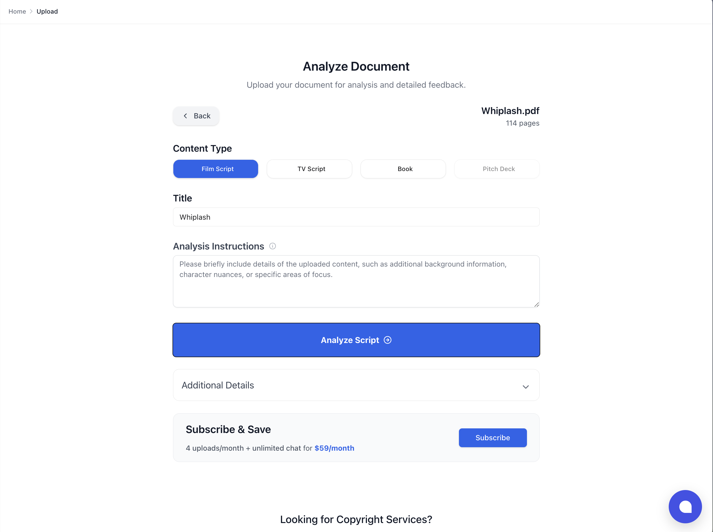 Upload form with required and optional fields highlighted
